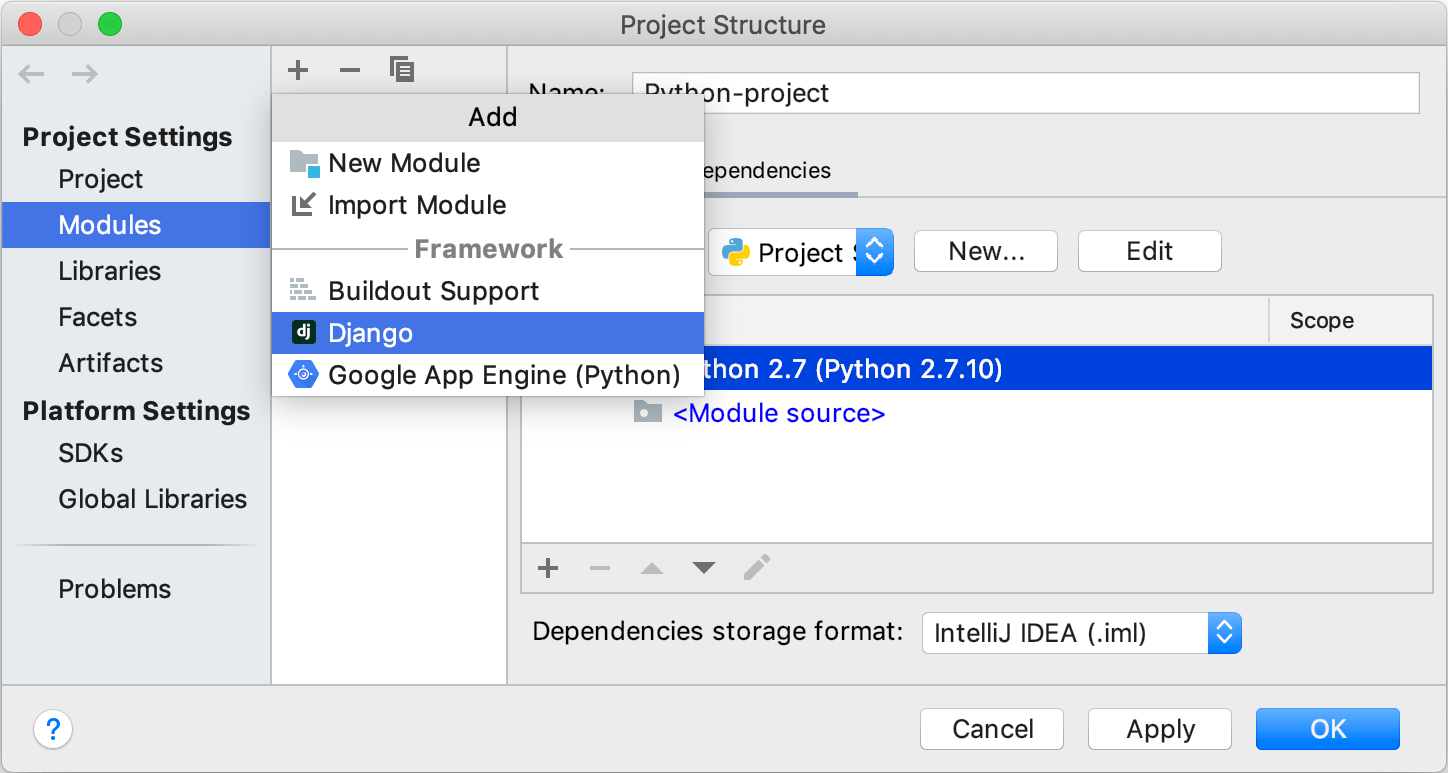 Adding Django support to a module in the Project Structure dialog Adding Django support to a module in the Project Structure dialog